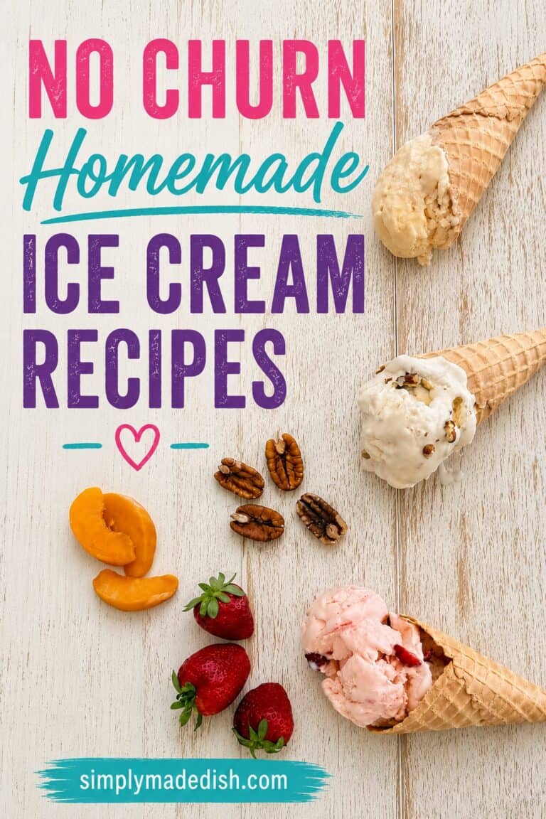 Creamy homemade ice cream cones with fresh strawberries, apricots, and pecans on a rustic wooden surface, promoting no-churn ice cream recipes from Simply Made Dish.