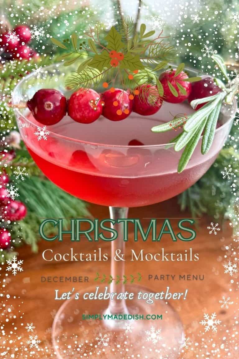 festive red cocktail with decorative Christmas decor around it.