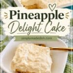 Pineapple to like cake in a small white bowl with a gold fork, and in the background is the sheet cake of the pineapple delight cake with a green and blue hand towel interwoven all on the counter.