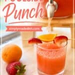 Poolside Punch in a large glass, 3 gallon clear punch container with a spout being poured into a clear glass with strawberries and a slice of orange as decoration in a skewer on top of a cup