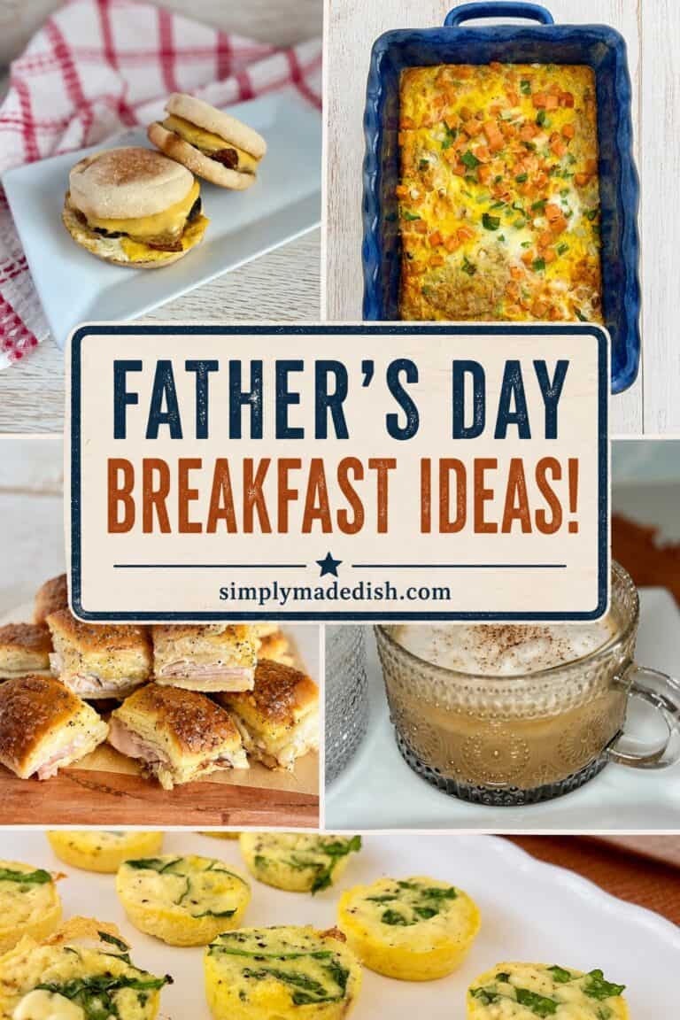 A delicious collection of Father's Day breakfast ideas including breakfast sandwiches, baked casserole, and savory egg muffins, perfect for celebrating dad with homemade morning treats.