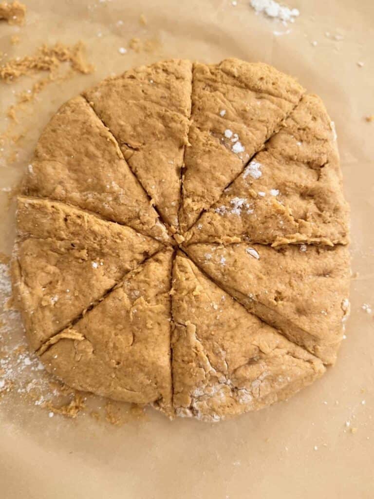 Pumpkin scone dough cut into eight wedges on parchment paper.