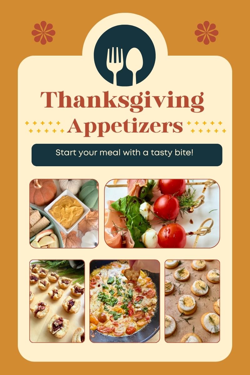 Crispy Thanksgiving appetizers including cheese balls, tomato skewer bites, savory mini pies, a fresh pizza, and deviled eggs, perfect for holiday gatherings and easy to serve.