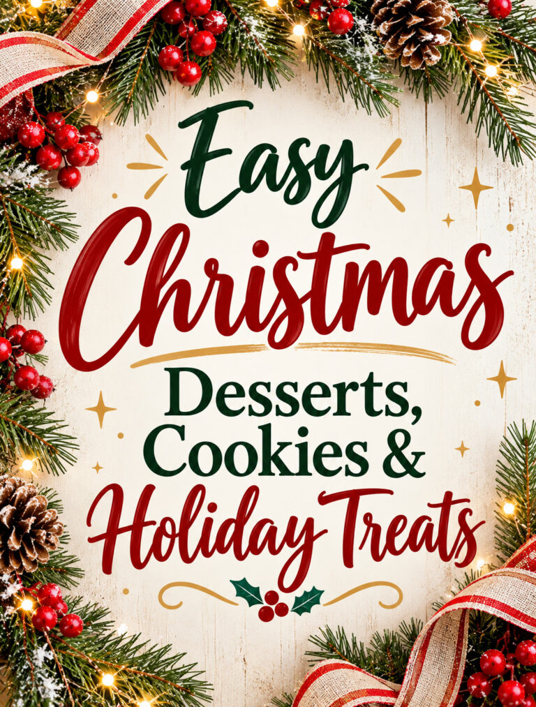 Festive Christmas dessert and cookie display with holiday decorations and pinecones for easy holiday treats.