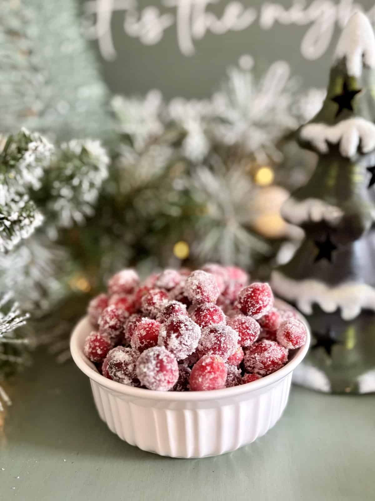 Cranberry holiday dessert in a white ramekin with a Christmas tree and snowy decorations in the background, perfect for a festive holiday celebration.