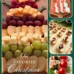 Cheese and fruit Christmas appetizer platter with grapes, cheese cubes, crackers, and fresh herbs for holiday party snacks.