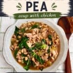 Delicious black-eyed pea soup with chicken, fresh greens, and herbs served in a white bowl, perfect for slow cooker recipes.