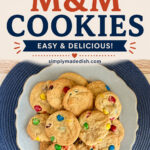 m&m cookies on light blue plate