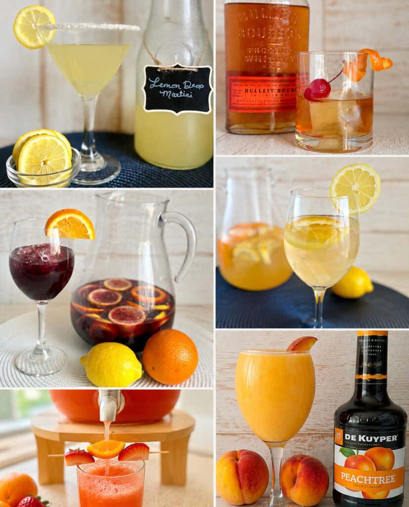 Cocktails and punches with fresh fruit garnishes on a bright, inviting table, showcasing vibrant colors and refreshing summer drinks perfect for entertaining.
