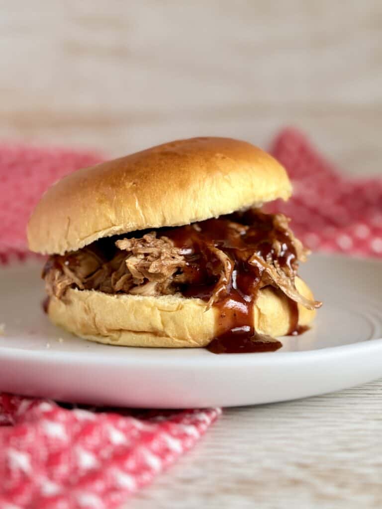 Juicy pulled pork sandwich with barbecue sauce in a soft bun, served on a white plate with a red checkered napkin in the background. Perfect for comfort food lovers.