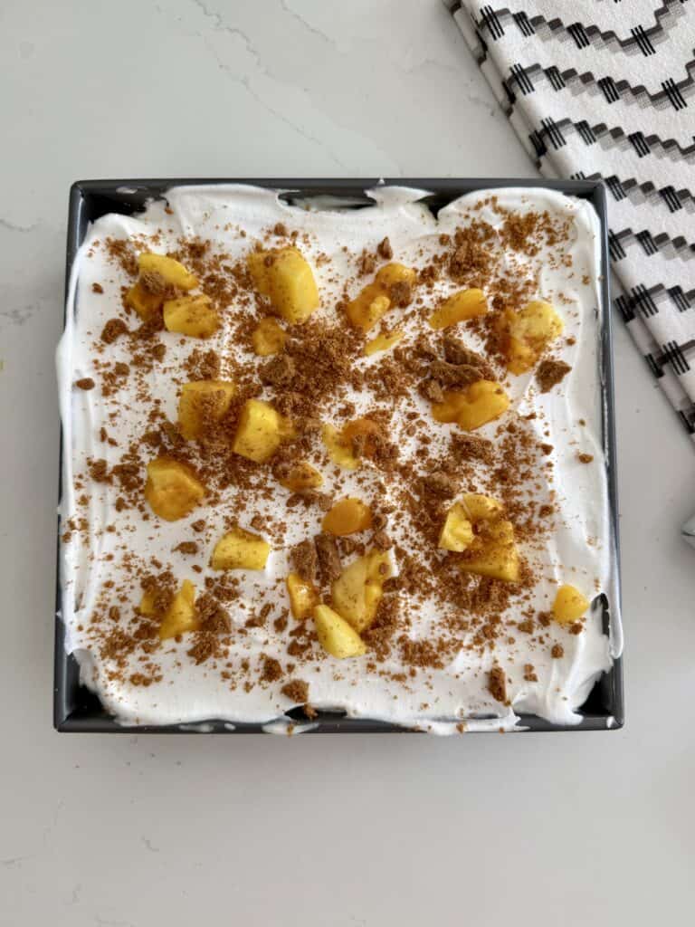 mango cheesecake royale dessert topped with whipped cream, crushed cookies, and mangoes in a black square dish.