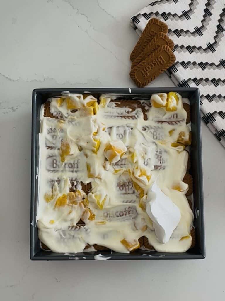 Delicious homemade layered dessert of mango and cheesecake topped with whipped cream, garnished with fresh mango pieces and a sprinkle of of biscoff cookies served in a black square dish for a sweet treat.