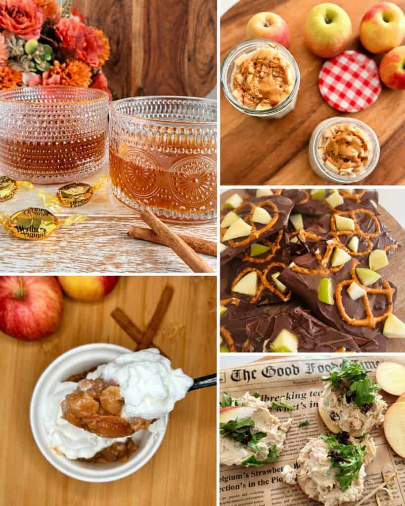 5 different apple photos in a collage depicting spiked caramel cider, apple peanut butter overnight oats, cinnamon streusel apples, chicken salad with apples, and pretzel apple chocolate bark