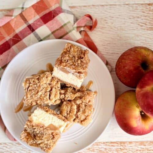 A white plate with caramel apple cheesecake bars on it next to apples and a fall themed pot holder.