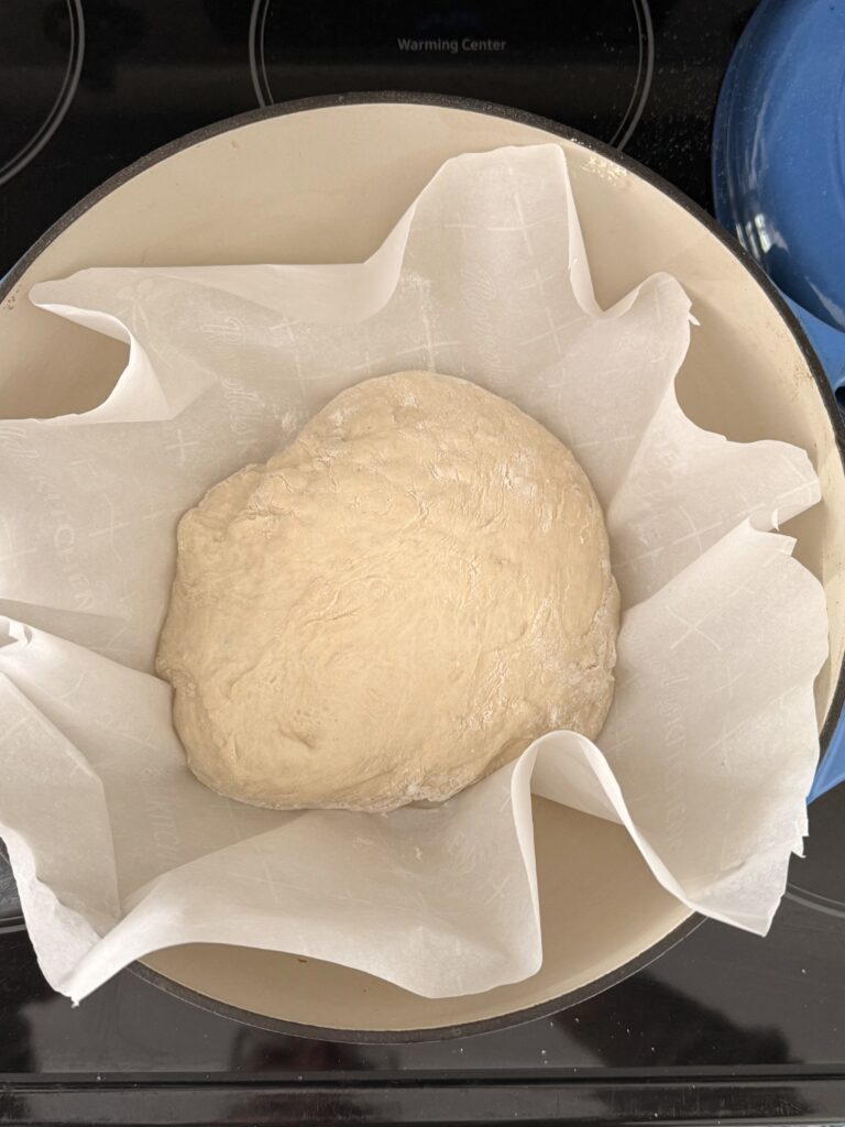 Unbaked no-knead bread dough on parchment paper inside a Dutch oven.