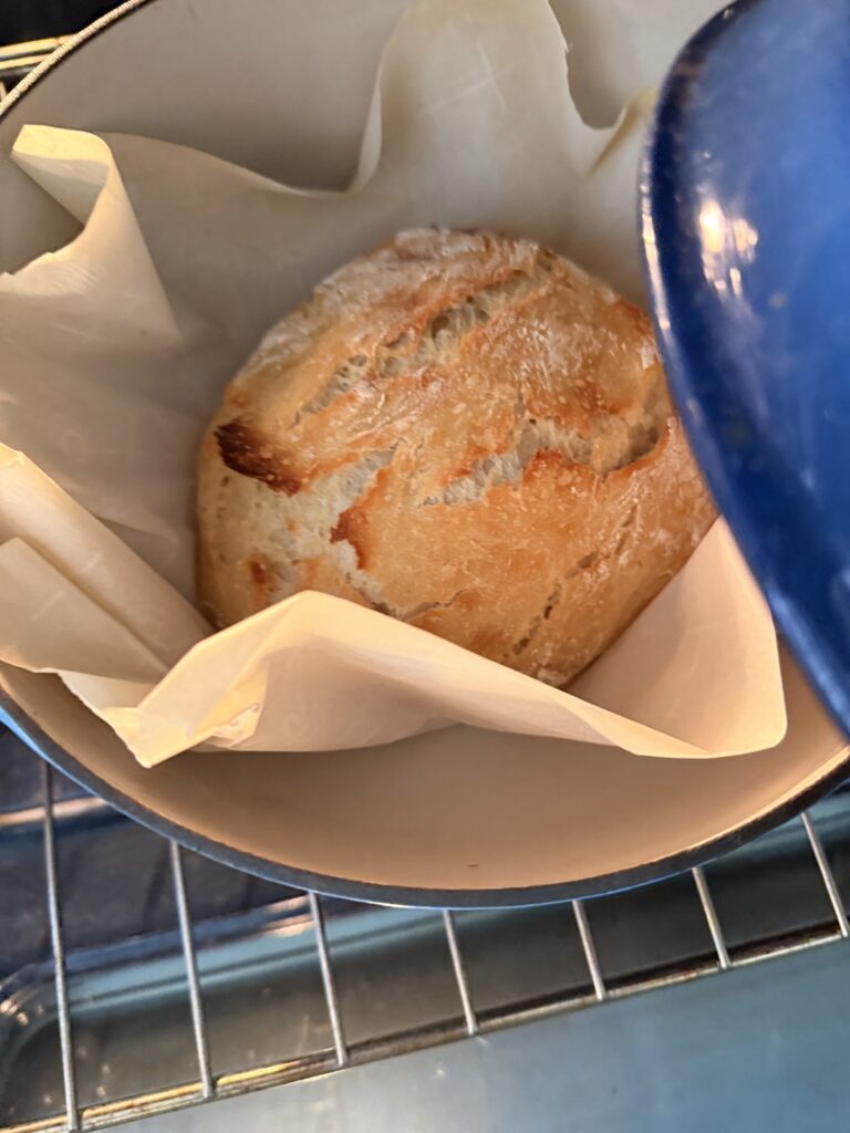 Golden loaf of no-knead bread baking uncovered in a Dutch oven.