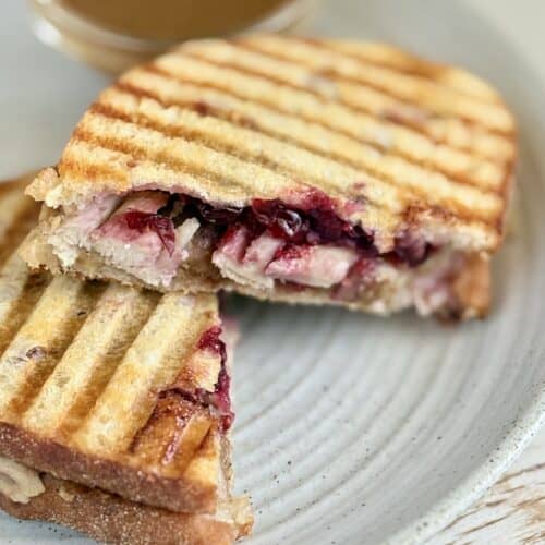 Close-up of a grilled turkey and cranberry panini with grill marks, served with a side of dipping sauce on a white plate.