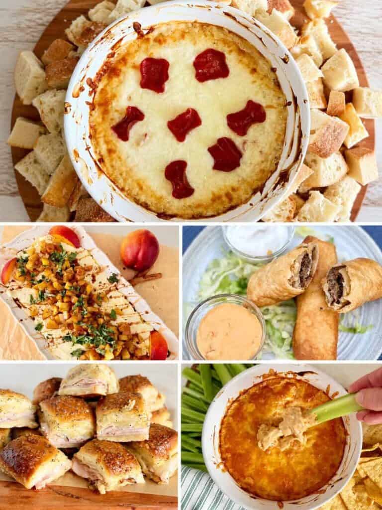 Cheesy baked dip with red pepper pieces served with bread cubes for easy party food recipes.